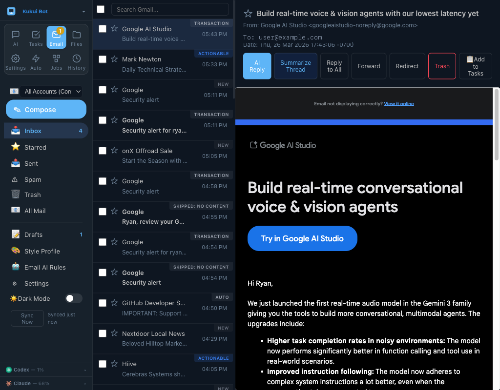 Kukui Bot unified Gmail inbox with AI classification badges
